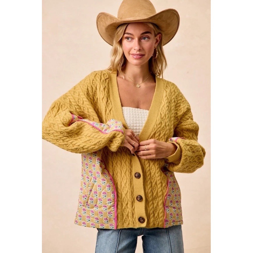 BIBI Cable Knit Floral Combo Cardigan Women's XL Yellow Mustard Quilted NWT